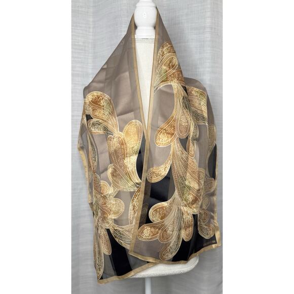 Jones New York Beige Tan Gold Black Paisley Abstract Print Rectangle Scarf - Picture 1 of 4